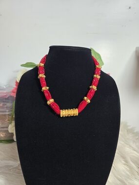 Red and Gold Beaded Statement Necklace